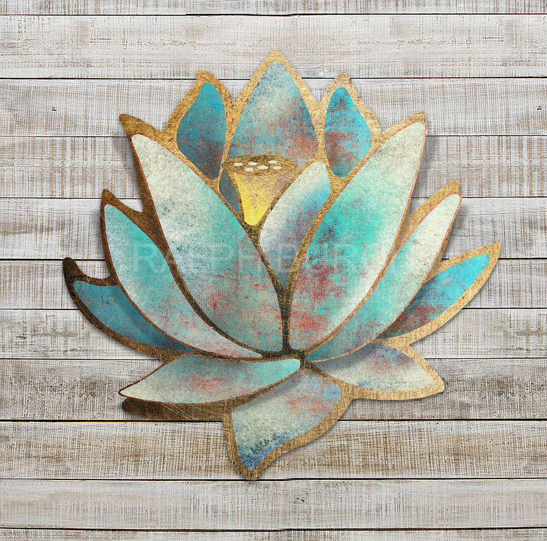 The Blue Lotus Dimensional Metal Wall Art by Ralph Burch. The Blue Lotus metal has shades of blues, turquoises, golds, rusts and off whites and is constructed using multiple pieces, the background and Flower Pedals that rise off the background and are curved giving it a sense of depth and dimension.