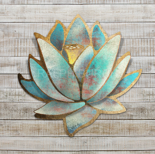 The Blue Lotus Dimensional Metal Wall Art by Ralph Burch. The Blue Lotus metal has shades of blues, turquoises, golds, rusts and off whites and is constructed using multiple pieces, the background and Flower Pedals that rise off the background and are curved giving it a sense of depth and dimension.