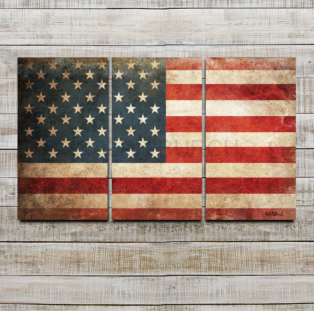 Pictured is a large oversize American Flag Metal Tryptic Metal on wood frames Wall Art with the dimensions that cover a 62 inch by 36 inch area.by Ralph Burch