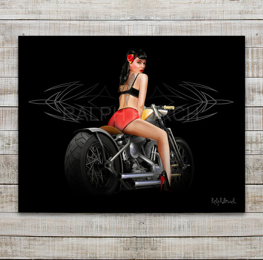 Pin Up Girl "Angel Baby with Tattooed Wings on her back" on a Bobber Motorcycle Wall Art. Pictured is a painting with a Black background with a light pinstripe. Featured is a Retro Pin Up Girl Ralph Call Angel Baby as her back is tattooed  with Angel Wings.  She is sitting on a Bobber Motorcycle.
