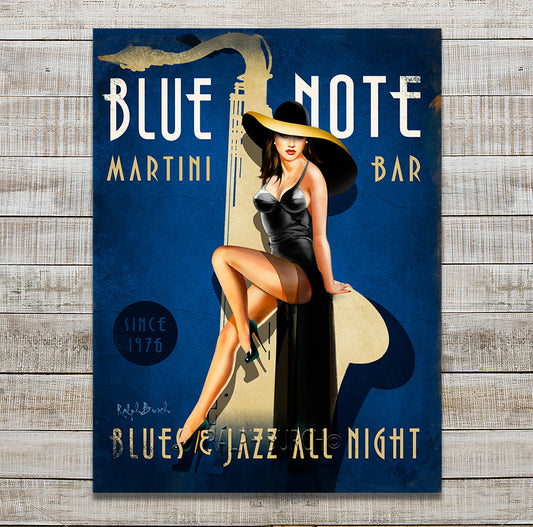 Retro Blue Note Martini Bar Pinup Art on Paper or Canvas by Ralph Burch - ralphburch.com The Blue Note Martini Bar features a retro Pin Up Girl dressed in Black sitting on a Sax. The blue background  with the white and golden tones in words give the look of a vintage poster.