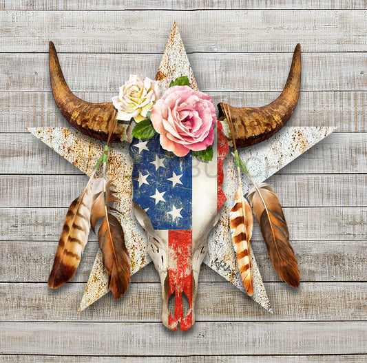 Dimensional Metal Wall Art by Ralph Burch - Embrace strength, freedom, and rugged beauty with the iconic bull skull adorned with roses and flag, framed by a rustic star backdrop