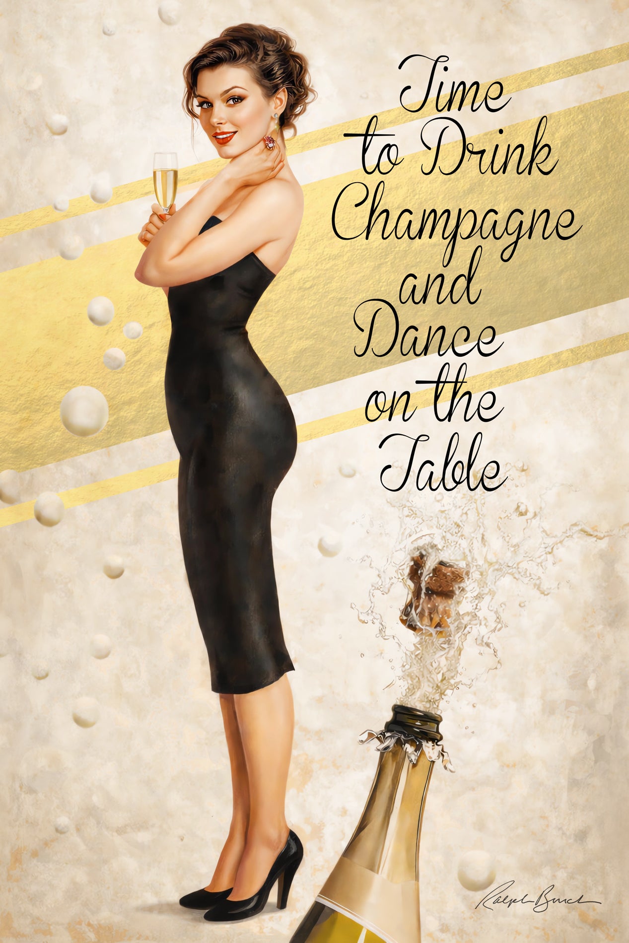 Elegant brunette retro pin-up woman holding champagne beside popping champagne bottle in vintage glamour wall art by Ralph Burch