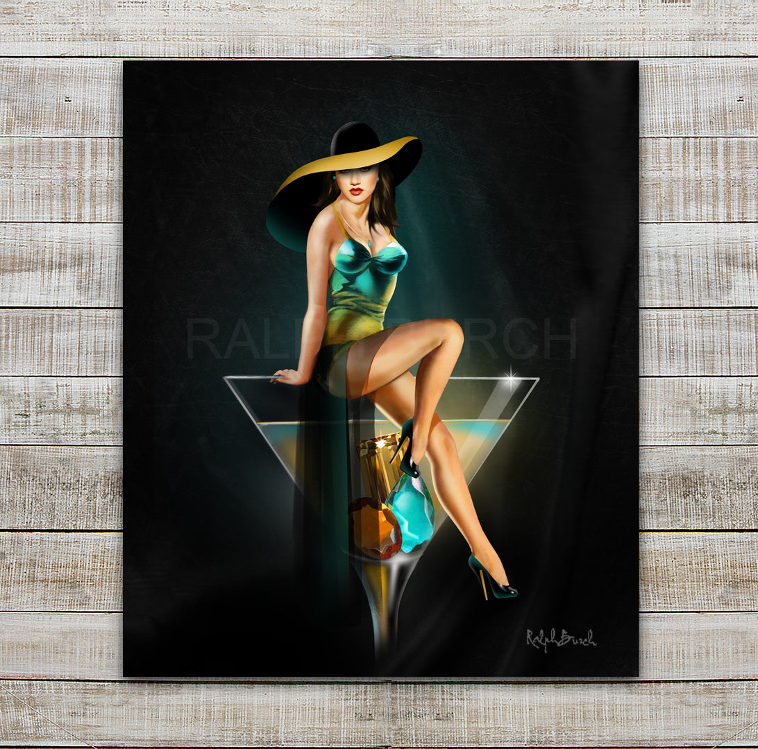 Picture of a Stylish Pin Up Girl sitting on the edge of a Martini Glass With Yellow Orange Topaz Gemstones in the Bottom of the Glass by artist Ralph Burch