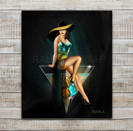 Picture of a Stylish Pin Up Girl sitting on the edge of a Martini Glass With Yellow Orange Topaz  Gemstones in the Bottom of the Glass by artist Ralph Burch