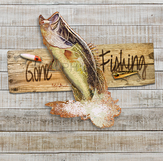 Gone Fishing Jumping Bass Dimensional Metal Wall Art by Ralph Burch - Jumping Bass 3D Metal wall art shows a Jumping Bass and 3 Bass Lures raised from the background to give it dimension on a metal Gone Fishing wooden looking sign in the background. All Metal ready to hang indoors or out, choose when checking out - ralphburch.com