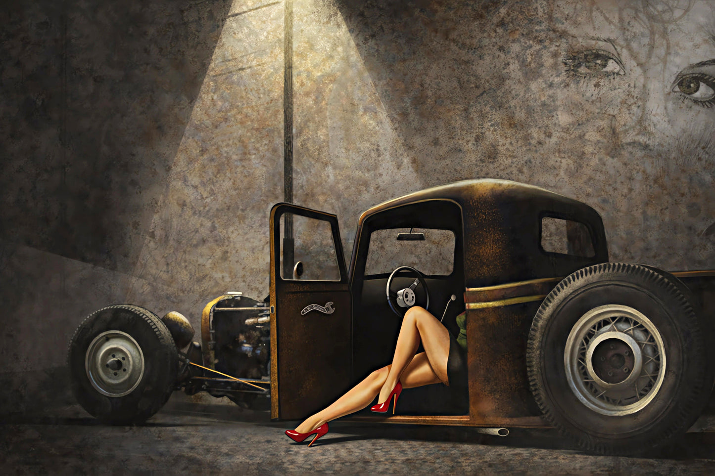 Vintage pin-up artwork featuring a retro woman in red high heels lounging inside a rusted chopped hot rod under dramatic garage lighting with moody industrial textures and classic rat rod styling.