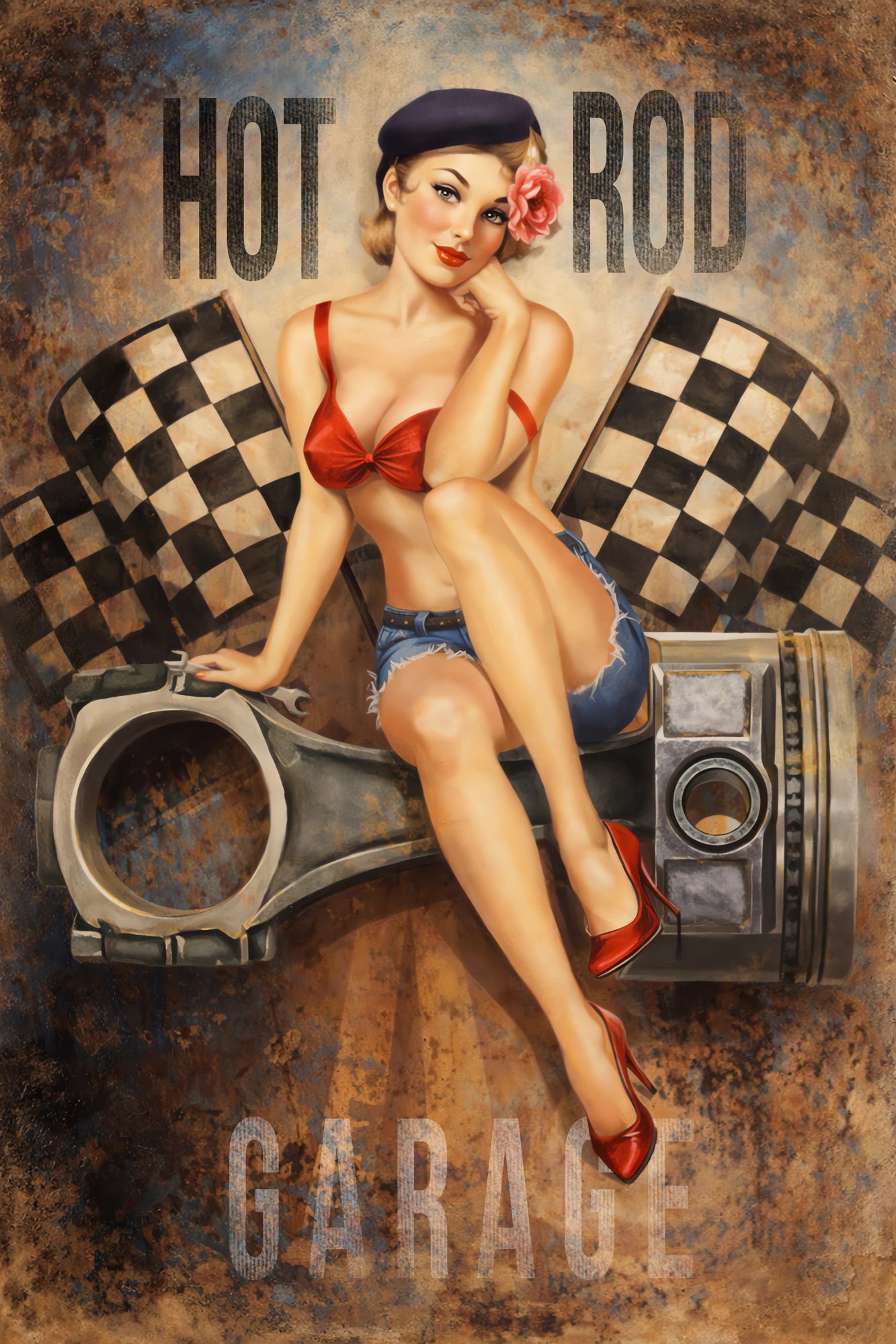 Vintage pin-up artwork featuring a retro brunette woman in red heels and denim shorts sitting on oversized engine pistons with racing flags, distressed metal textures, and classic hot rod garage styling.