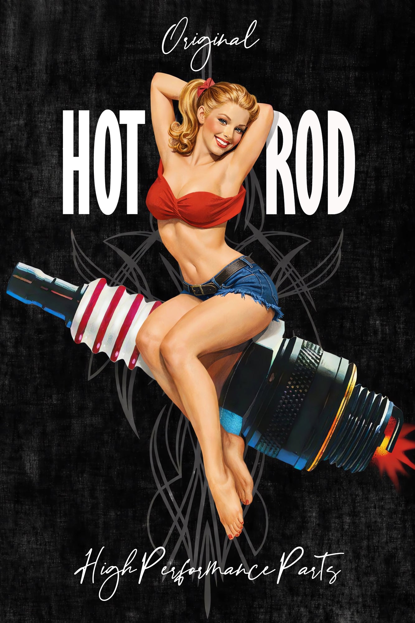 Vintage pin-up artwork featuring a smiling blonde retro pin-up girl in denim shorts sitting on a flaming spark plug with black background, custom pinstriping, and classic hot rod performance styling.