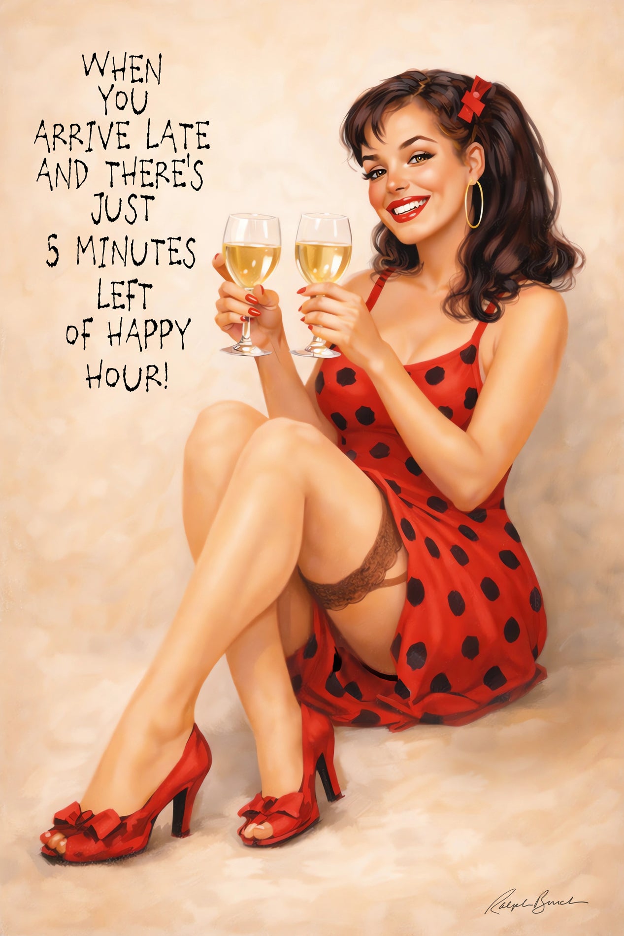 Retro brunette pin-up girl in red polka-dot dress holding two wine glasses in vintage happy hour wall art by Ralph Burch