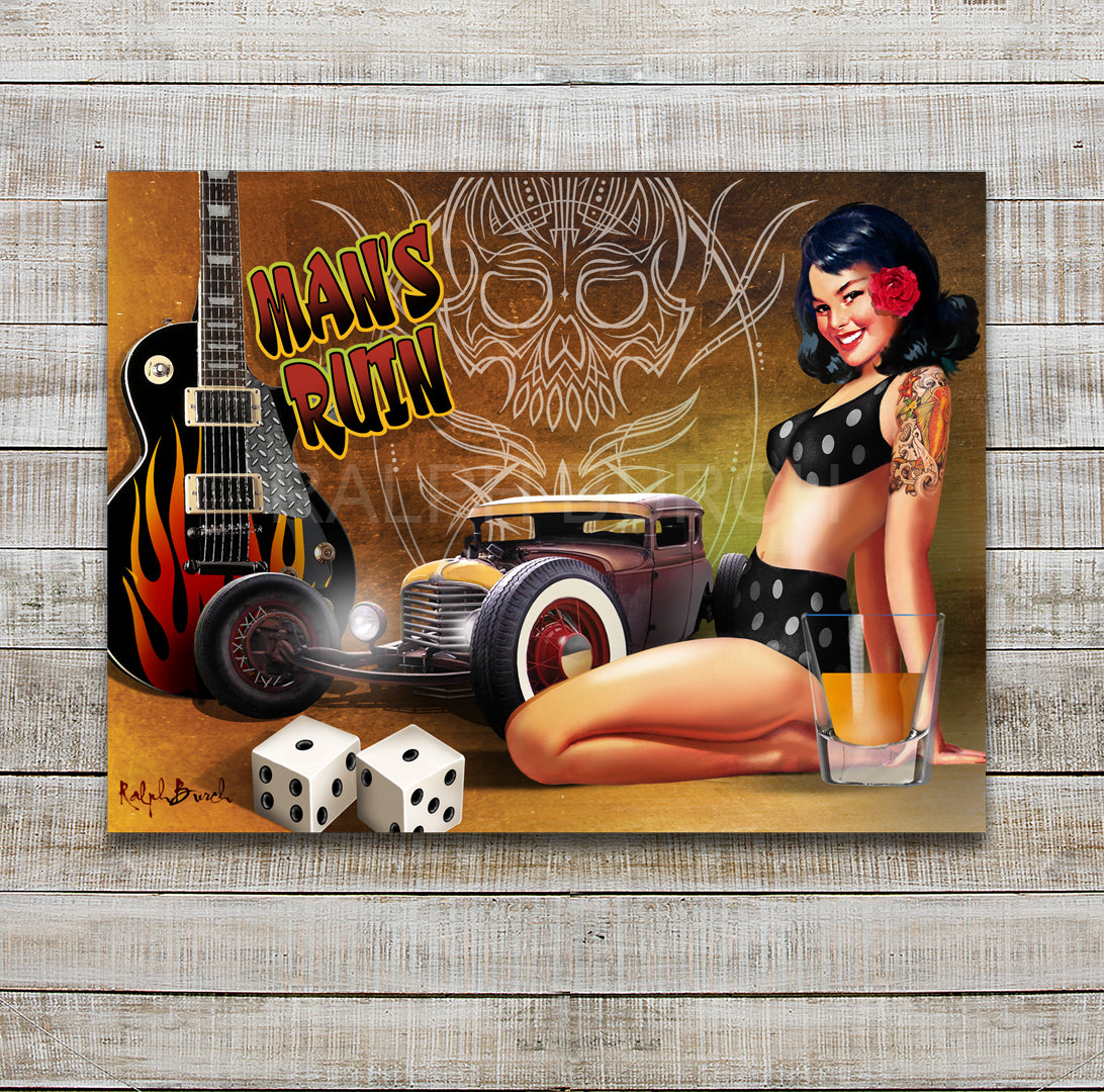 Man's Ruin Pin Up and Hot Rod music gambling and shot glass giclee by Ralph Burch. This is the perfect wall art for the Hot Rod enthusiast . The words on the painting say Man's Ruin. Pictured are a tattooed kneeling Woman in a Pokka Dotted Bikini . Next to her is a shot of whiskey, snake eyes dice, a Rat Rod, a Guitar representing Mans Vices, Women, Music, Hot Rods, Gambling and Drinking. Behind on the abstract background is a Skull pinstriping to set the mood.