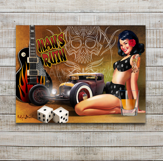 Man's Ruin Pin Up and Hot Rod music gambling and shot glass giclee by Ralph Burch. This is the perfect wall art for the Hot Rod enthusiast . The words on the painting say Man's Ruin. Pictured are a tattooed kneeling Woman  in a Pokka Dotted Bikini . Next to her is a shot of whiskey, snake eyes dice, a Rat Rod, a Guitar representing  Mans Vices, Women, Music,  Hot Rods, Gambling and Drinking. Behind on the abstract background is a Skull pinstriping to set the mood.