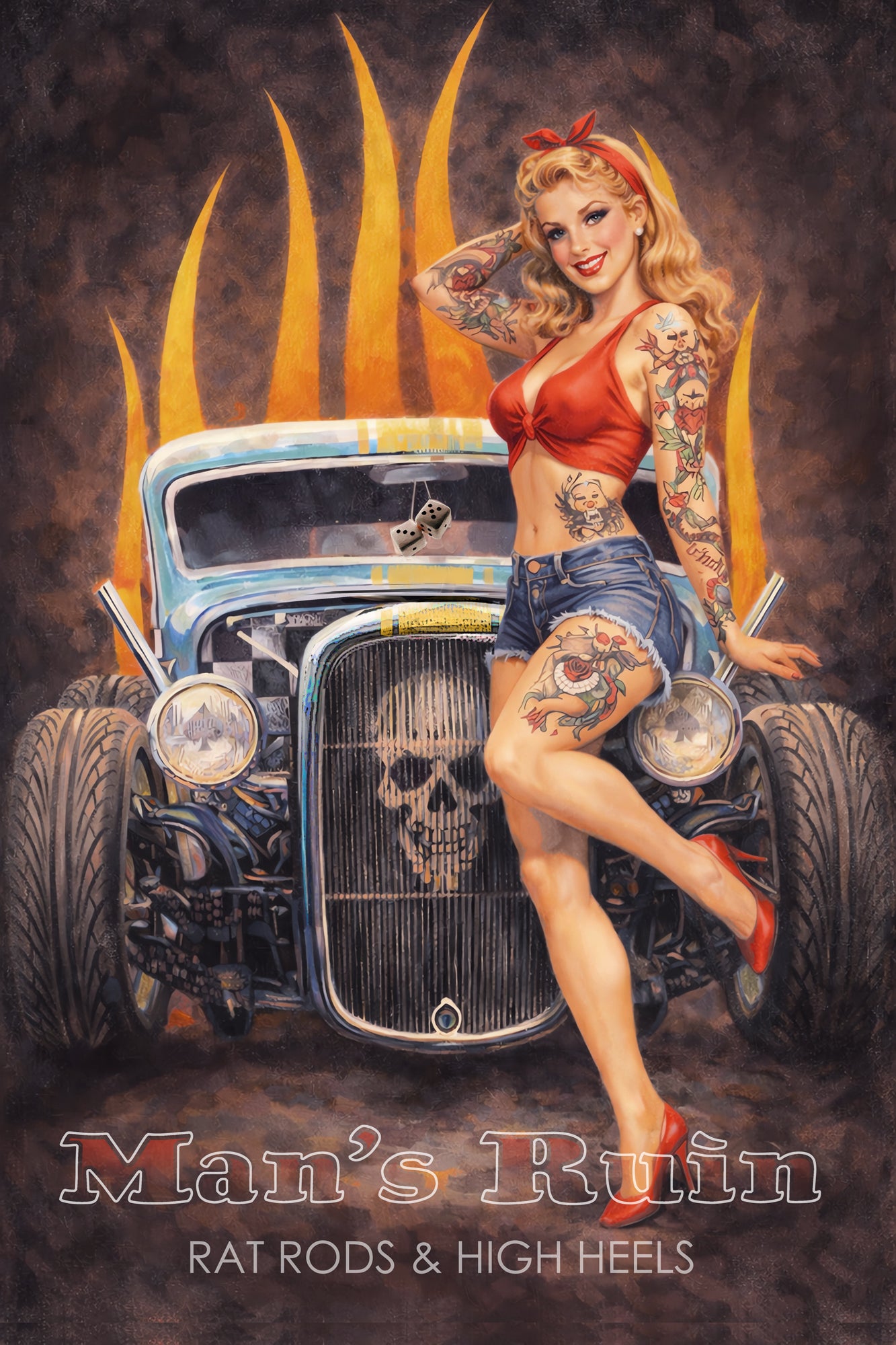 Vintage-inspired pin-up artwork featuring a tattooed blonde pin-up girl in red heels standing beside a flame-backed rat rod hot rod with skull grille styling and retro Americana garage aesthetics.