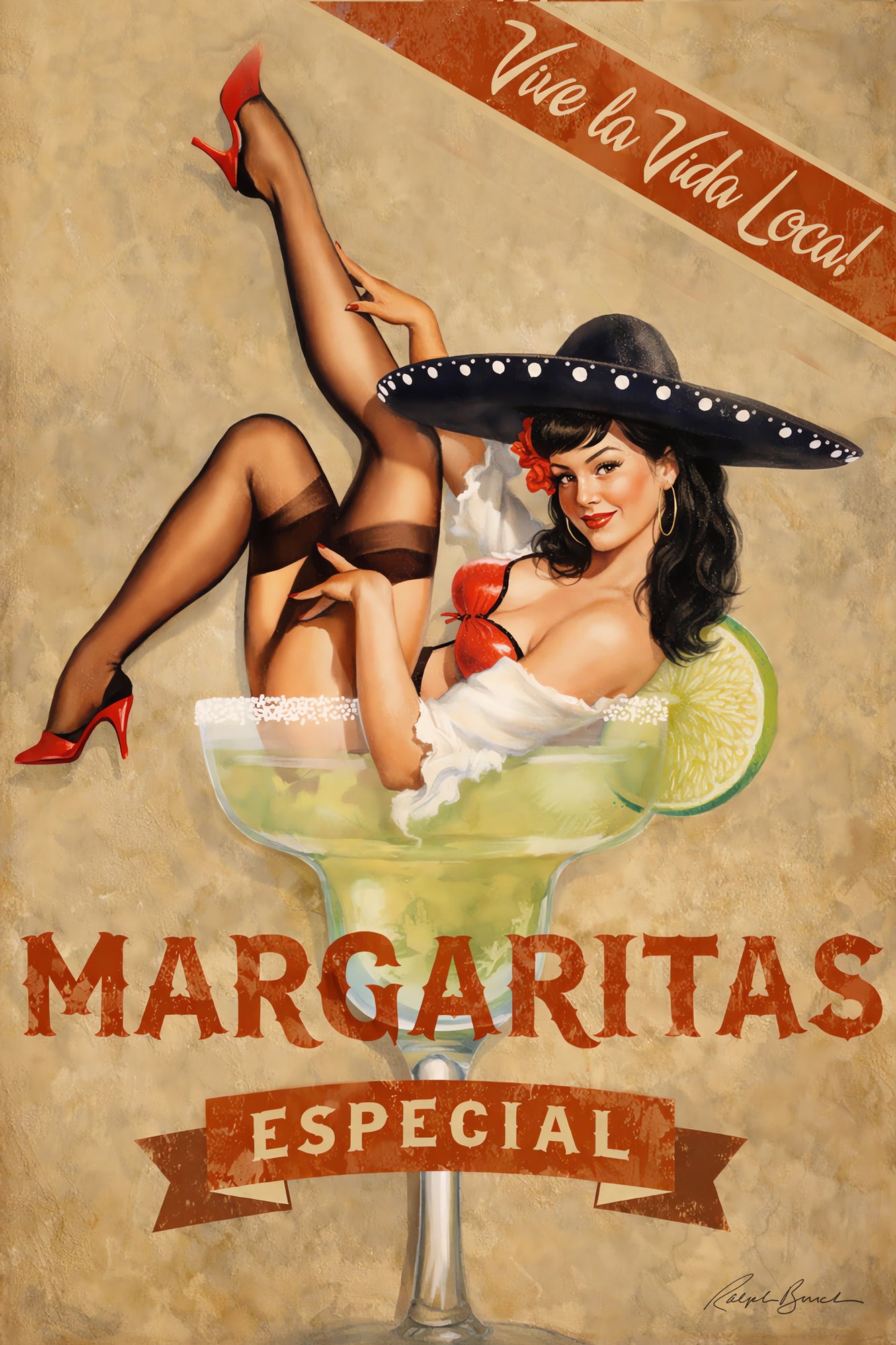 Retro brunette pin-up girl lounging in margarita glass with sombrero in vintage cantina wall art by Ralph Burch