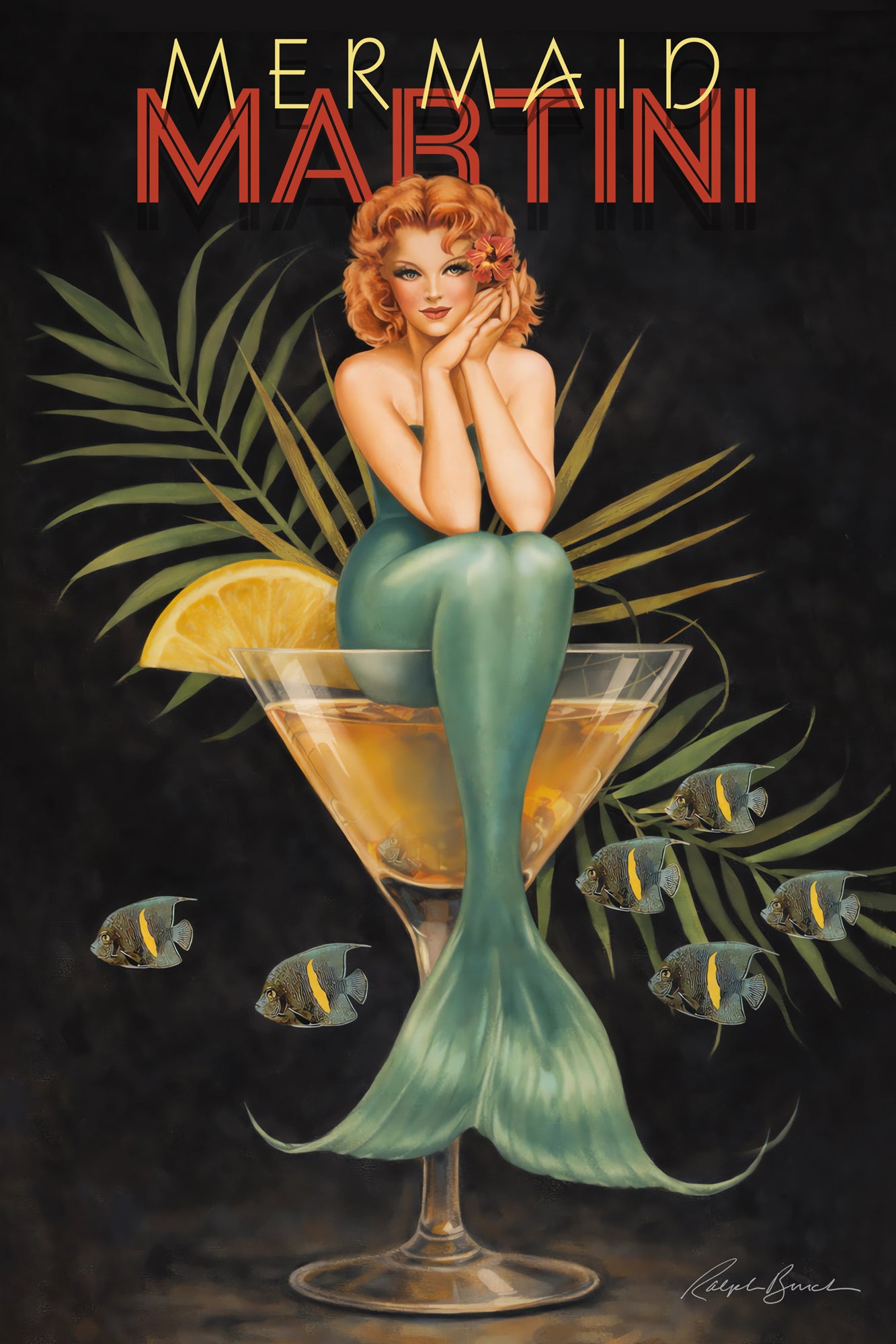 Mermaid in a martini glass with lemon wedge and fish, against a dark background