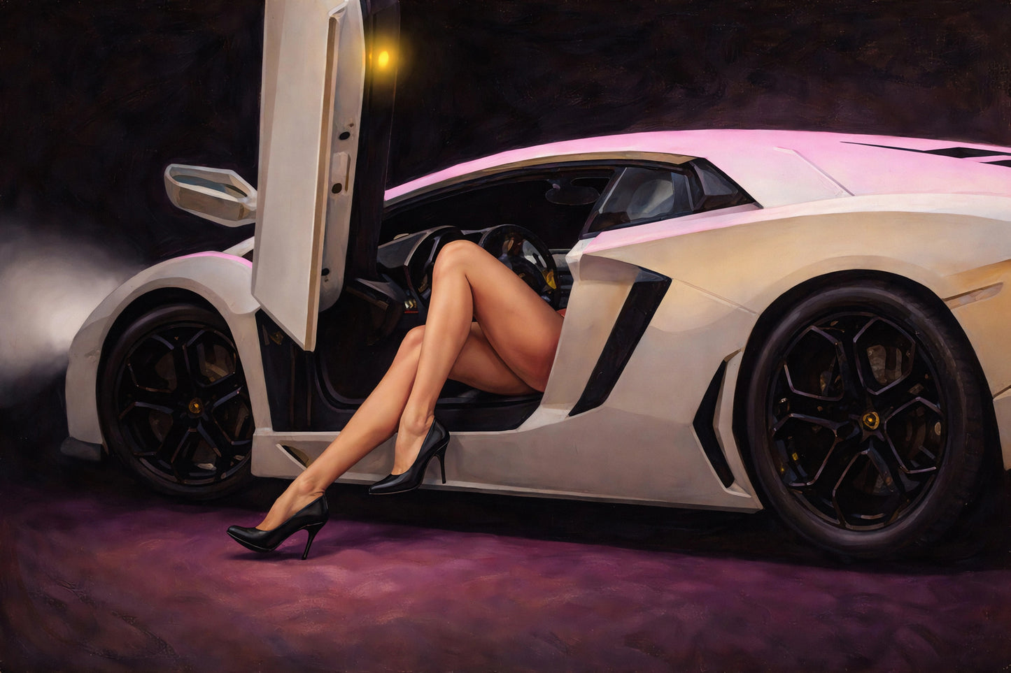 Modern pin-up inspired artwork featuring a glamorous woman stepping from a white exotic supercar with scissor doors in moody neon nightlife styling and luxury automotive decor aesthetics.