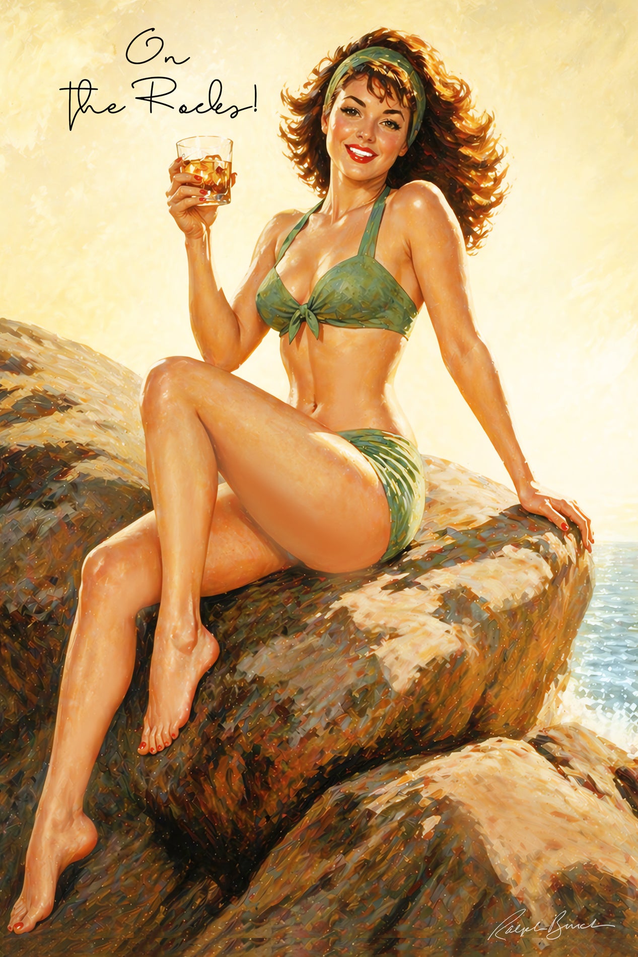 Retro beach pin-up girl holding whiskey cocktail while sitting on ocean rocks in vintage coastal wall art by Ralph Burch