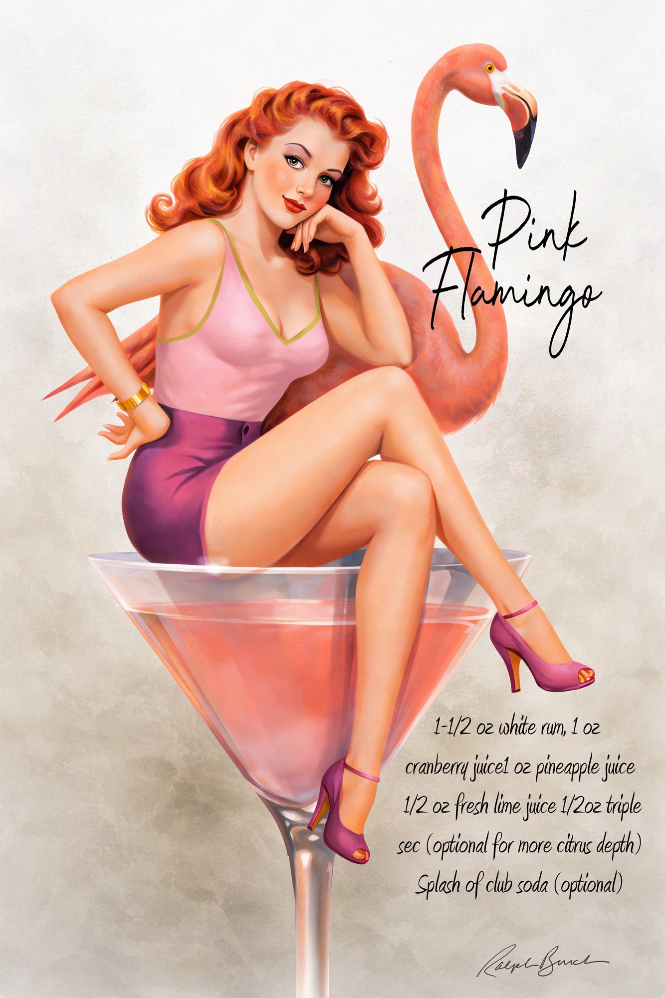 Retro redhead pin-up girl sitting on pink cocktail glass beside flamingo in tropical vintage wall art by Ralph Burch
