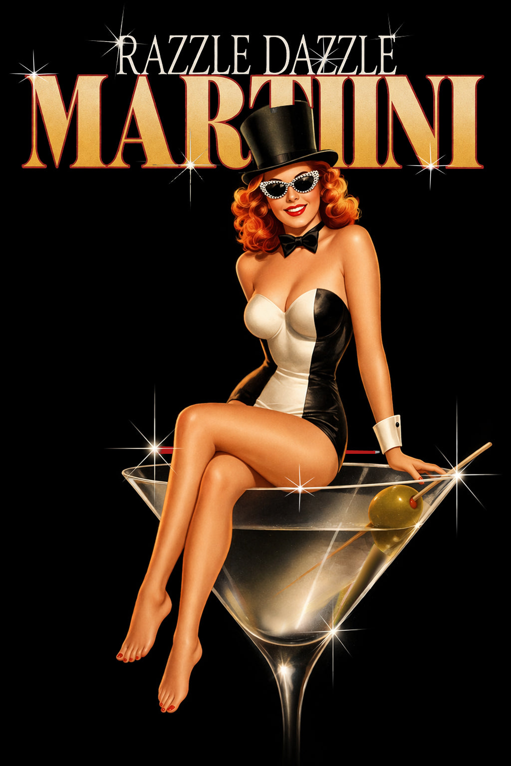 Retro redhead pin-up girl sitting in martini glass wearing glamorous cabaret outfit in vintage cocktail wall art by Ralph Burch
Additional Alt Tags