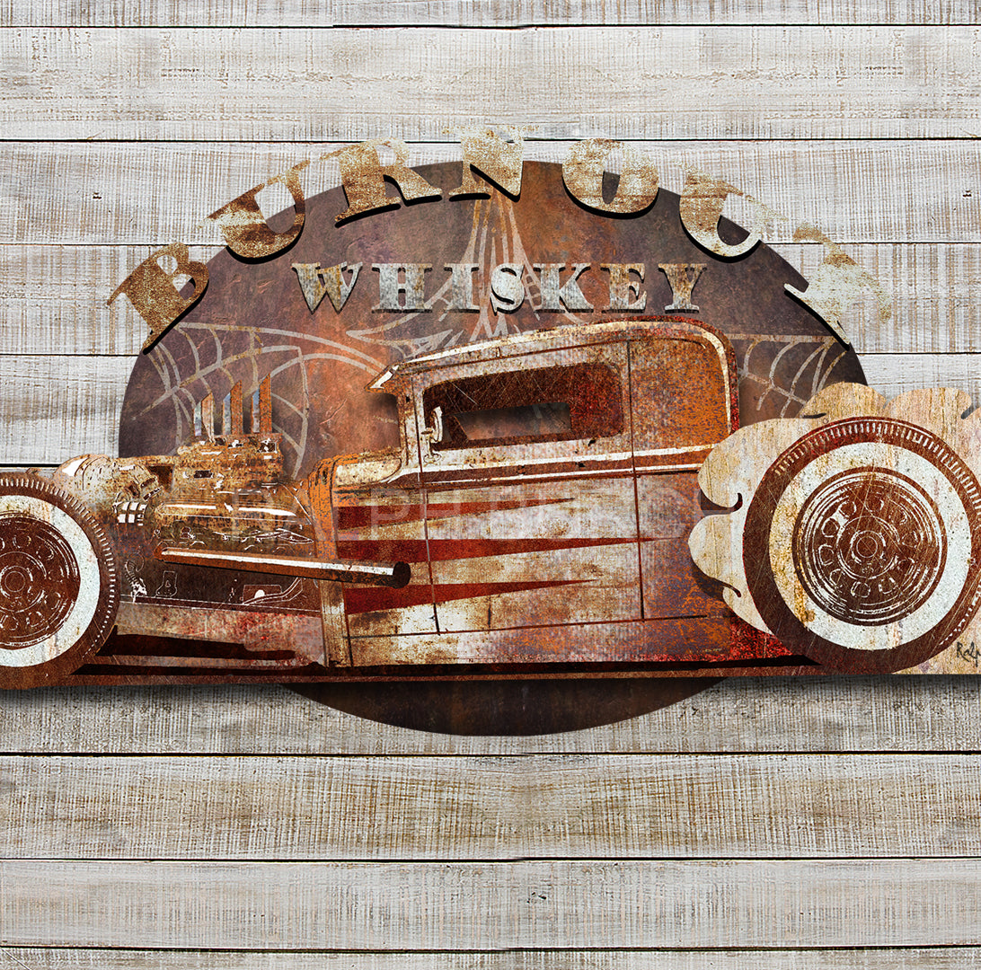 Closeup of a Hot Rod Burnout Whiskey Dimensional Wall Art byRalph Burch - ralphburch.com