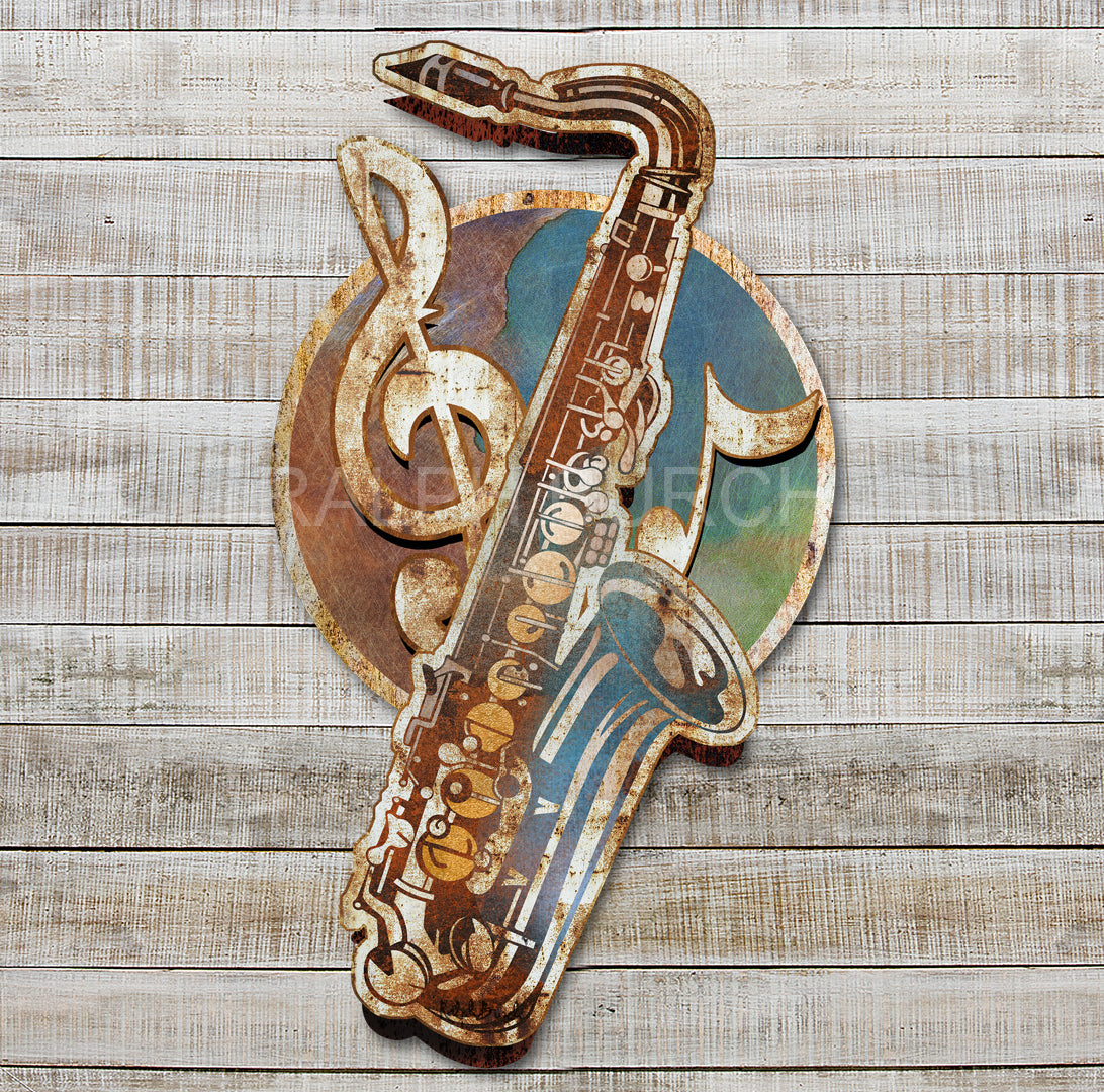 Sax Dimensional Metal Wall Decor by Ralph Burch . Pictured is a Saxaphone in rusty browns and blues. thats mounted to a circular backgrounds also idone in rusty brown tones and blues with a music cleft giving the overall wall art a dimension effect.