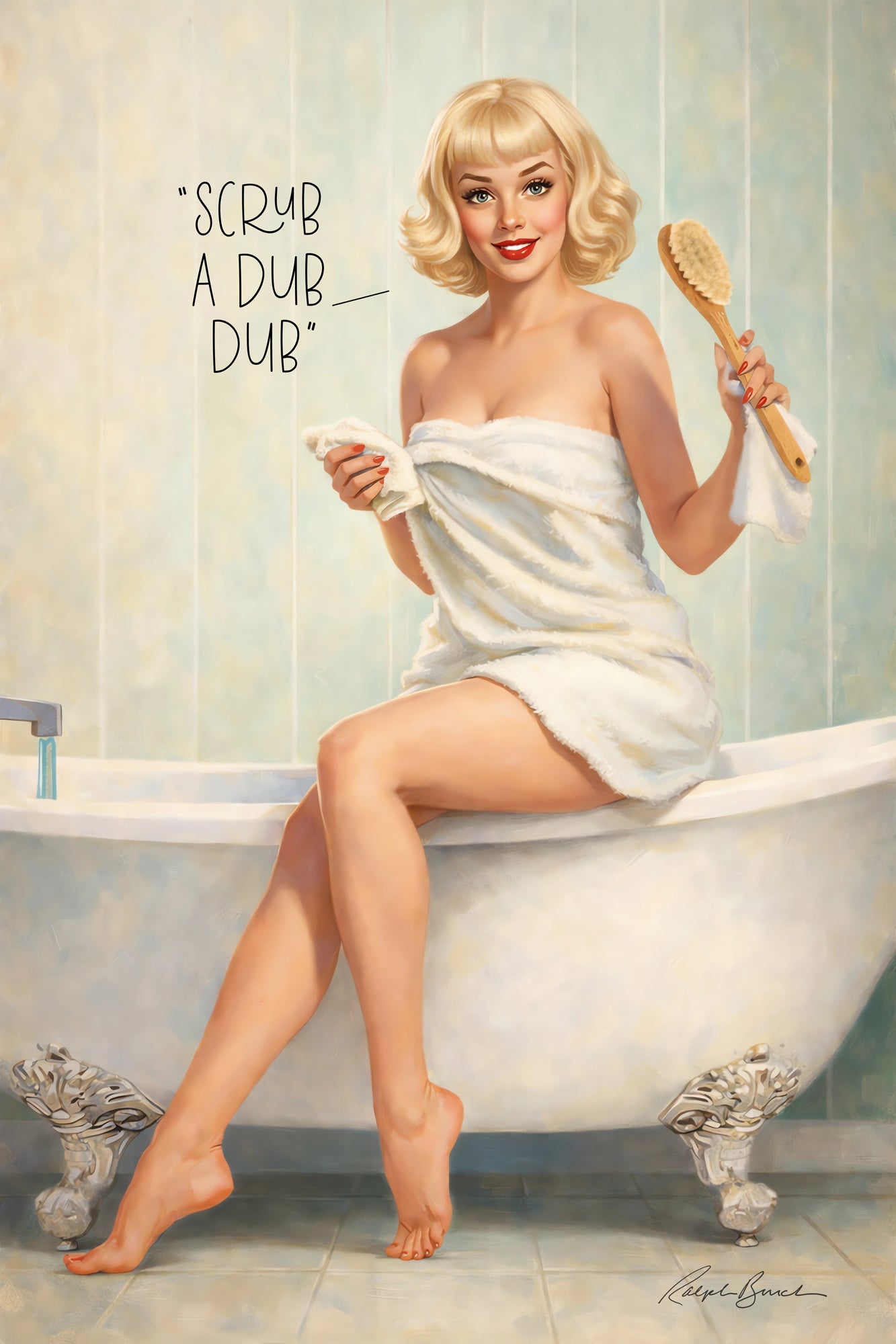 Vintage-inspired pin up artwork featuring glamorous blonde woman wrapped in a white towel sitting on a clawfoot bathtub while holding a bath brush in a retro pastel bathroom setting with classic 1950s pin up styling.