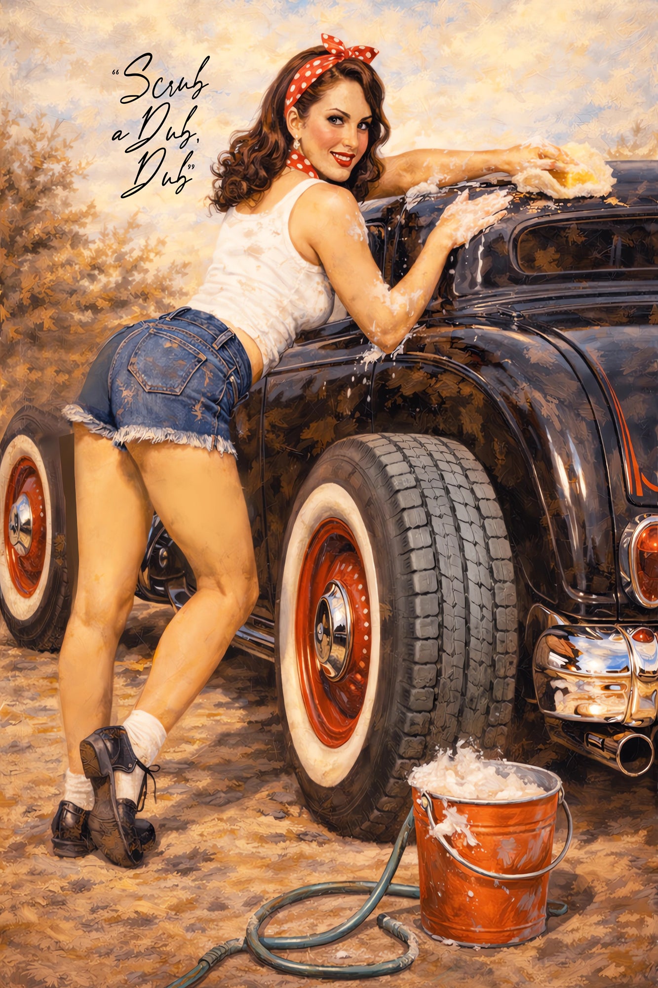 Vintage-inspired pin-up artwork of a brunette pin-up girl in denim shorts washing a classic black hot rod with soap suds, whitewall tires, and retro Americana styling.