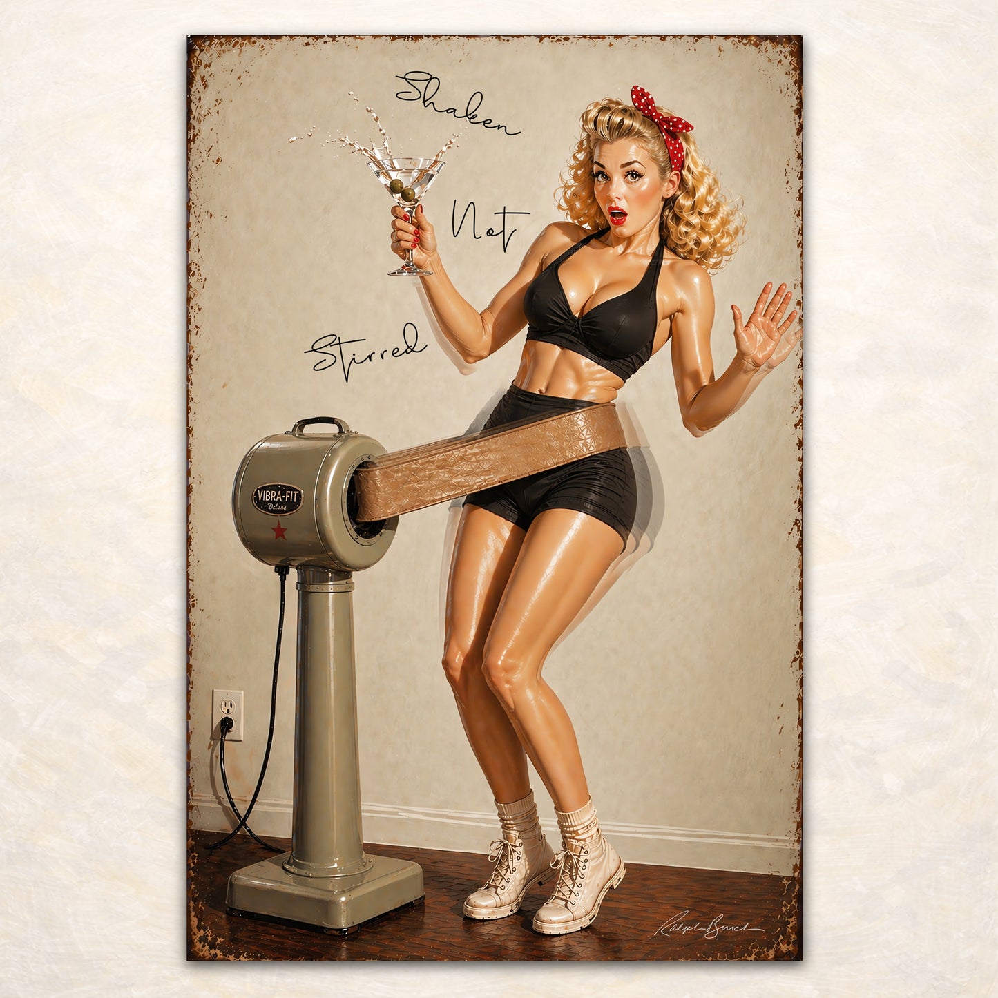 Retro pin-up girl holding martini beside vintage Vibra-Fit machine in playful cocktail-themed wall art by Ralph Burch