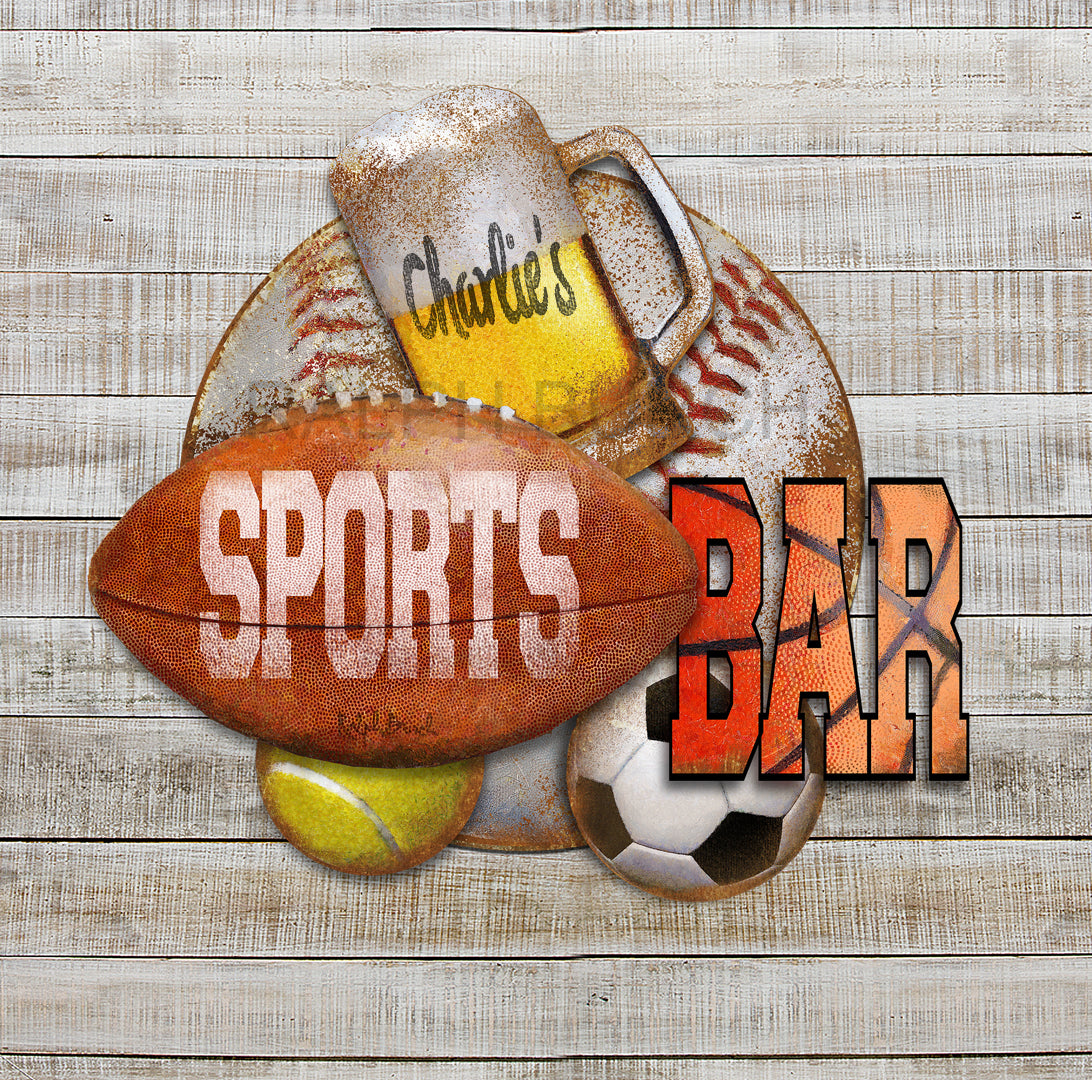 Personalized with a Name Sports Bar with multiple layers of Balls....Football, Soccer Bal,, Tennis Ball. Basketball, and Baseball wall art by Ralph Burch