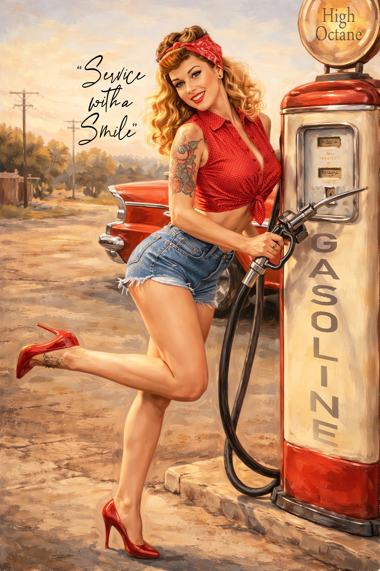 Vintage-inspired pin-up artwork featuring a tattooed blonde pin-up girl in denim shorts and red heels fueling a classic car beside an old-fashioned gasoline pump in retro Americana style.