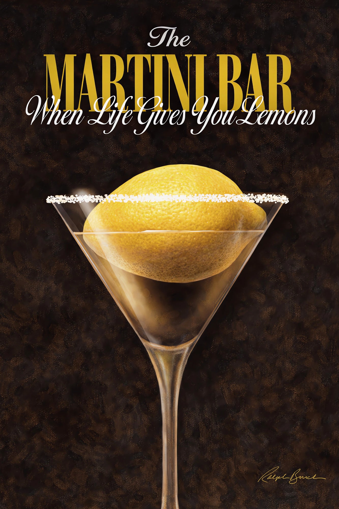 Retro martini bar artwork featuring lemon inside martini glass with vintage cocktail lounge typography by Ralph Burch