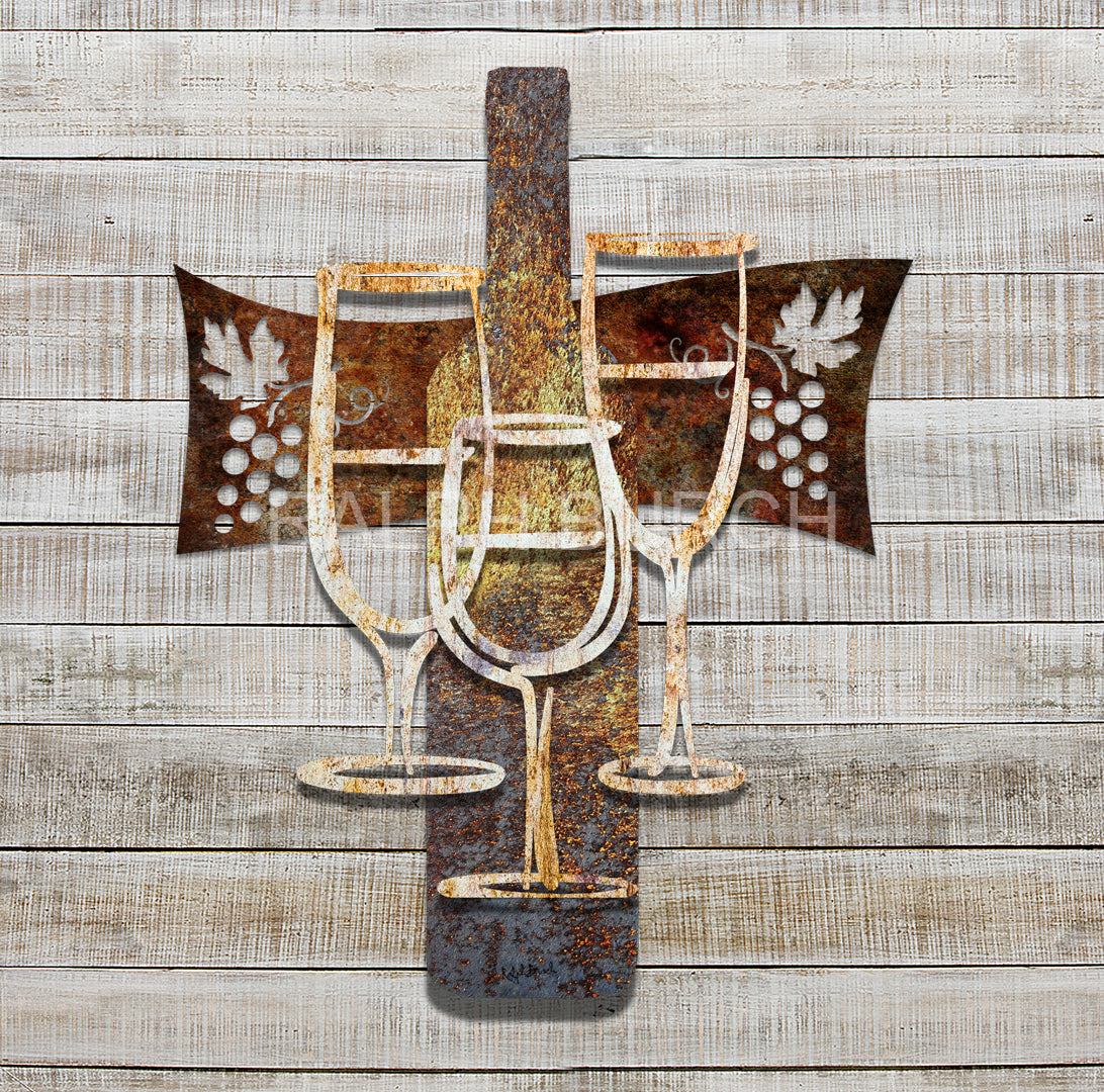 Time To Wine a Little dimensional Wall Art by Ralph Burch. Pictured is a 3 layered wine themed wall art. The background is a horizontal Rustic colored metal with a Grape Leaf and Grapes on each side. Attached to that is a Wine Bottle in rustic yellowish rusty tones and attached to the bottle are 3 Wine Glasses in whiteish rusty tones.