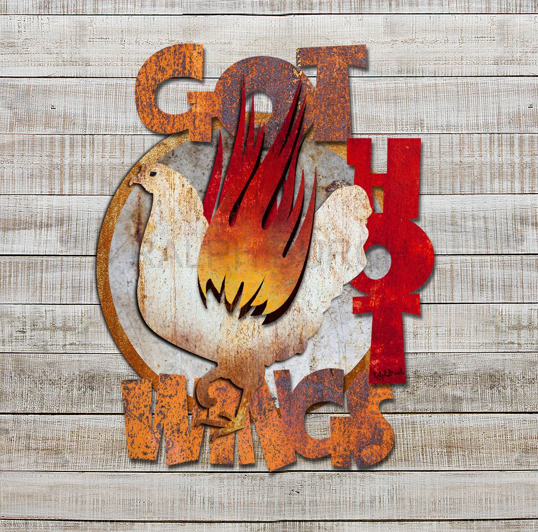 Hot Wings Dimensional 2D Metal Wall Art shows a Chicken with Flaming Wings.