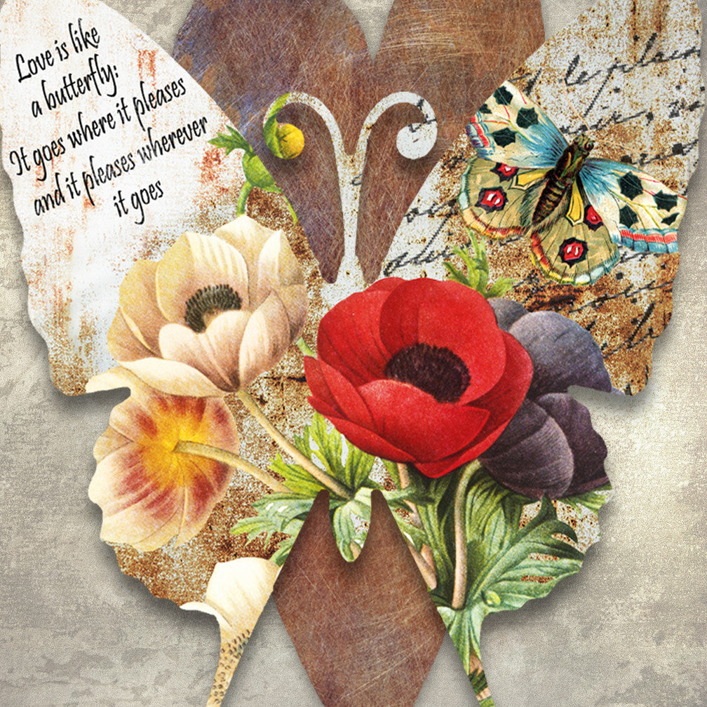 Closeup of Vintage Butterfly Dimensional Metal Wall Décor by Ralph Burch is pictured here with a background of rust weathered tones. raised and attached to the background heart is a Butterfly shape which has a floral and butterfly image on it. On one wing it say Love is like a Butterfly, It goes where it pleases and pleases where it goes!