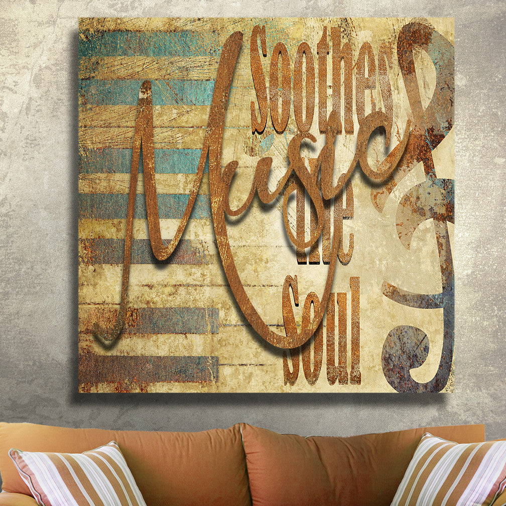 Metal background with piano keys in tones of rusts, golden colors and turquois and the words "Soothes the Soul" with the word "Music" in metal raised above the metal background giving it dimension. Music Soothes the Soul Dimensional Metal Wall Decor by Ralph Burch