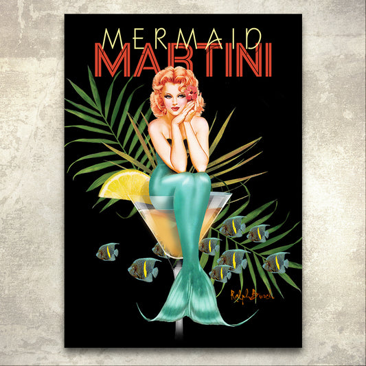 Mermaid pin-up girl in martini glass by Ralph Burch – retro wall art for home or office. This painting shows a Mermaid sitting on the edge on a Martini Glass adorned by a Lemon slice and tropical palm leaves and a school of tropical fish swimming by. Above the Mermaid and Glass are the title words: Mermaid Martini