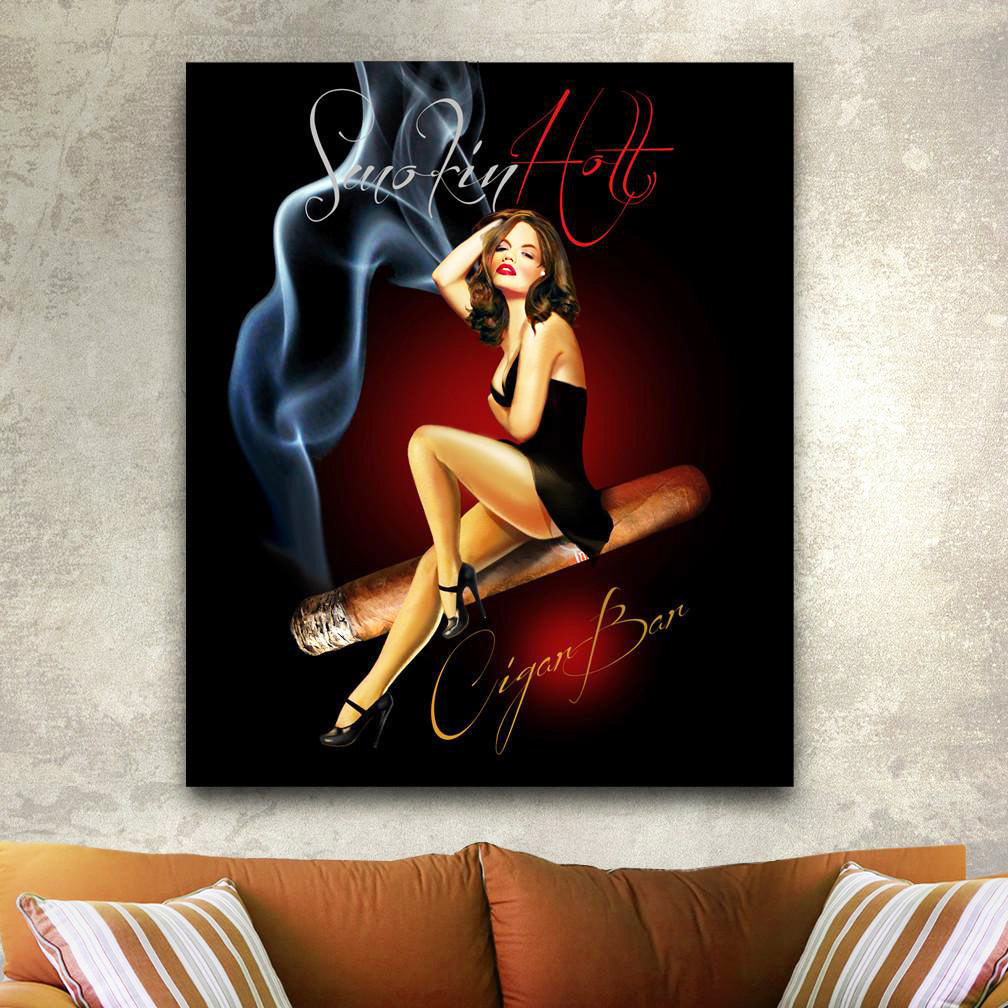 Smokin' Hot Pin Up Giclee by Ralph Burch is like a vintage cigar poster for a Cigar Bar. The painting has a retro Pin Up Girl dressed in black sitting on a smoking cigar. The words on this art say "Smokin' Hot Cigar Bar".