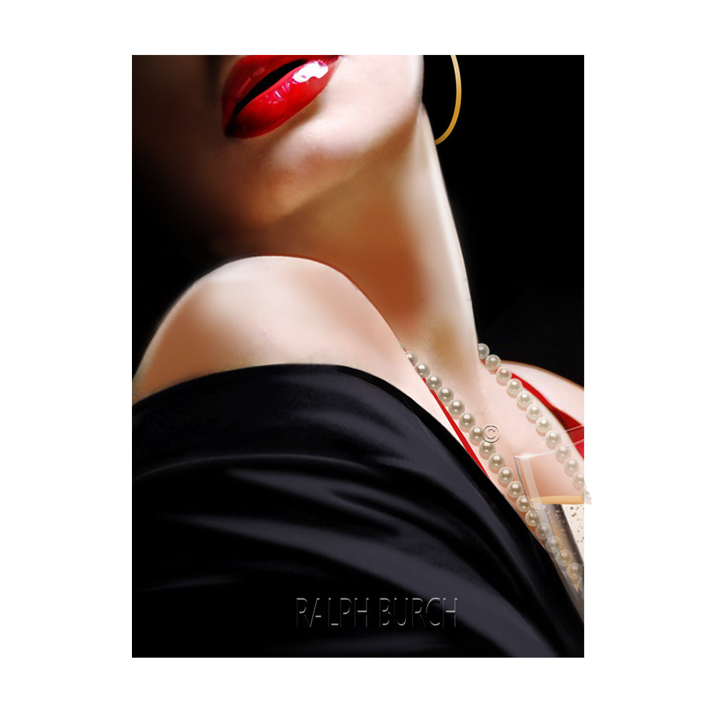 "Champagne Anyone?" Paper giclee by Ralph. Champagne Anyone? by Ralph Burch. This painting show a closeup of a woman holding a Champagne Glass close to her. This one is not so Retro but more of a Fashion Style . Burch