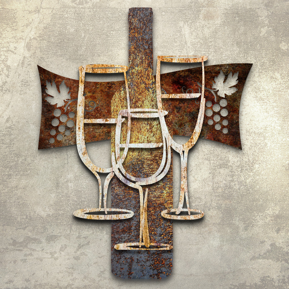 Time To Wine a Little dimensional Wall Art by Ralph Burch. Pictured is a 3 layered wine themed wall art. The background is a horizontal Rustic colored metal with a Grape Leaf and Grapes on each side. Attached to that is a Wine Bottle in rustic yellowish rusty tones and attached to the bottle are 3 Wine Glasses in whiteish rusty tones.