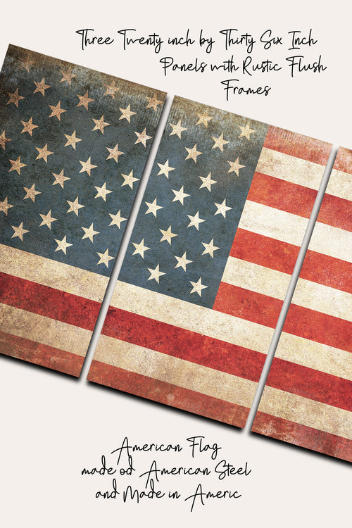 Three-panel rustic American flag wall art with distressed red, white, and blue steel panels in flush frames, shown on a light beige background with product text.