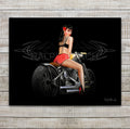 Pin Up Girl "Angel Baby with Tattooed Wings on her back" on a Bobber Motorcycle Wall Art. Pictured is a painting with a Black background with a light pinstripe. Featured is a Retro Pin Up Girl Ralph Call Angel Baby as her back is tattooed  with Angel Wings.  She is sitting on a Bobber Motorcycle. 