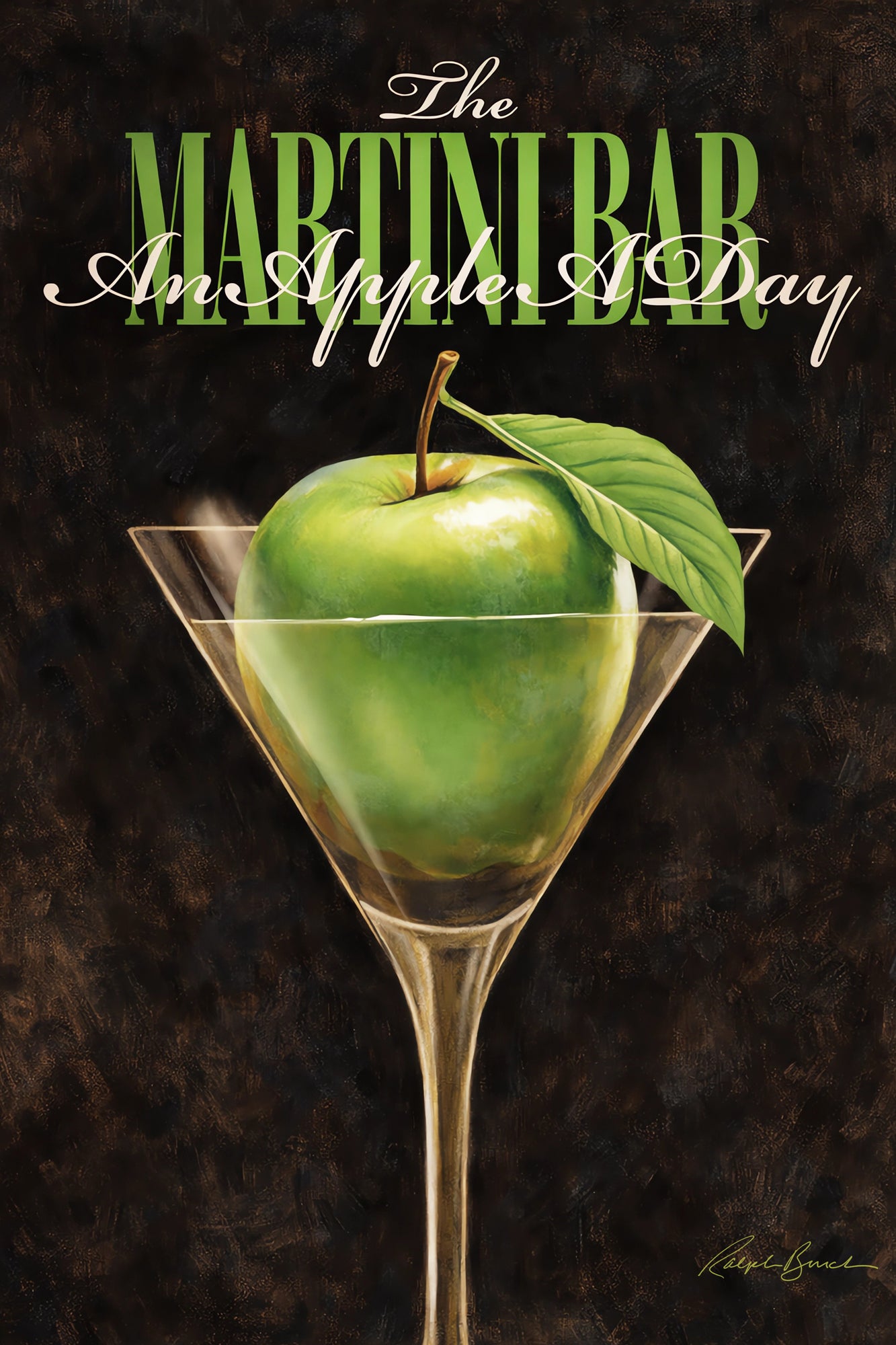 Retro martini bar artwork featuring green apple inside martini glass with vintage cocktail lounge typography by Ralph Burch