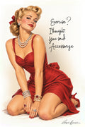 A vintage-style pin-up illustration of a woman kneeling and smiling in a red dress, with jewelry and the handwritten text 'Exercise? I thought you said accessorize' on a white background.