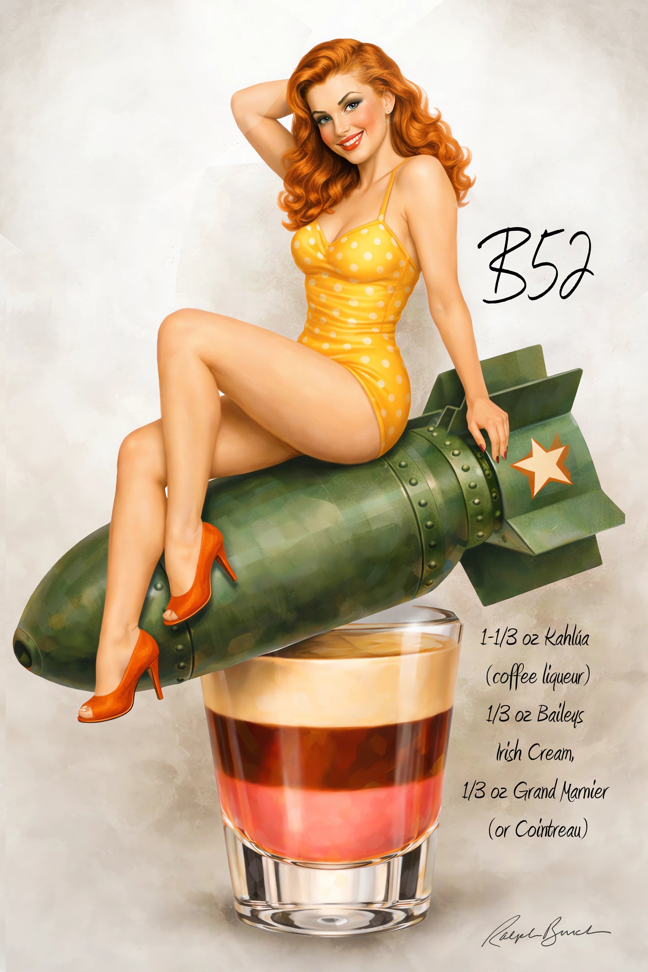 Retro redheaded pin-up girl sitting on vintage bomb above B52 cocktail shot in classic Americana wall art by Ralph Burch