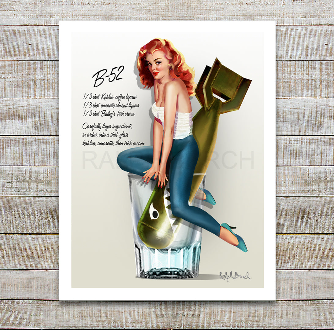 Pin Up Girl sitting on a Shot Glass with a Recipe for a B52 Shot by Ralph Burch