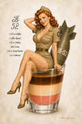 Vintage-style pin-up illustration of a woman in an olive khaki military-inspired outfit sitting in a layered drink, with a bomb graphic labeled B-52 beside her. Text on the left reads 'B-52' with coffee hour ingredients, and a signature appears at the bottom right.