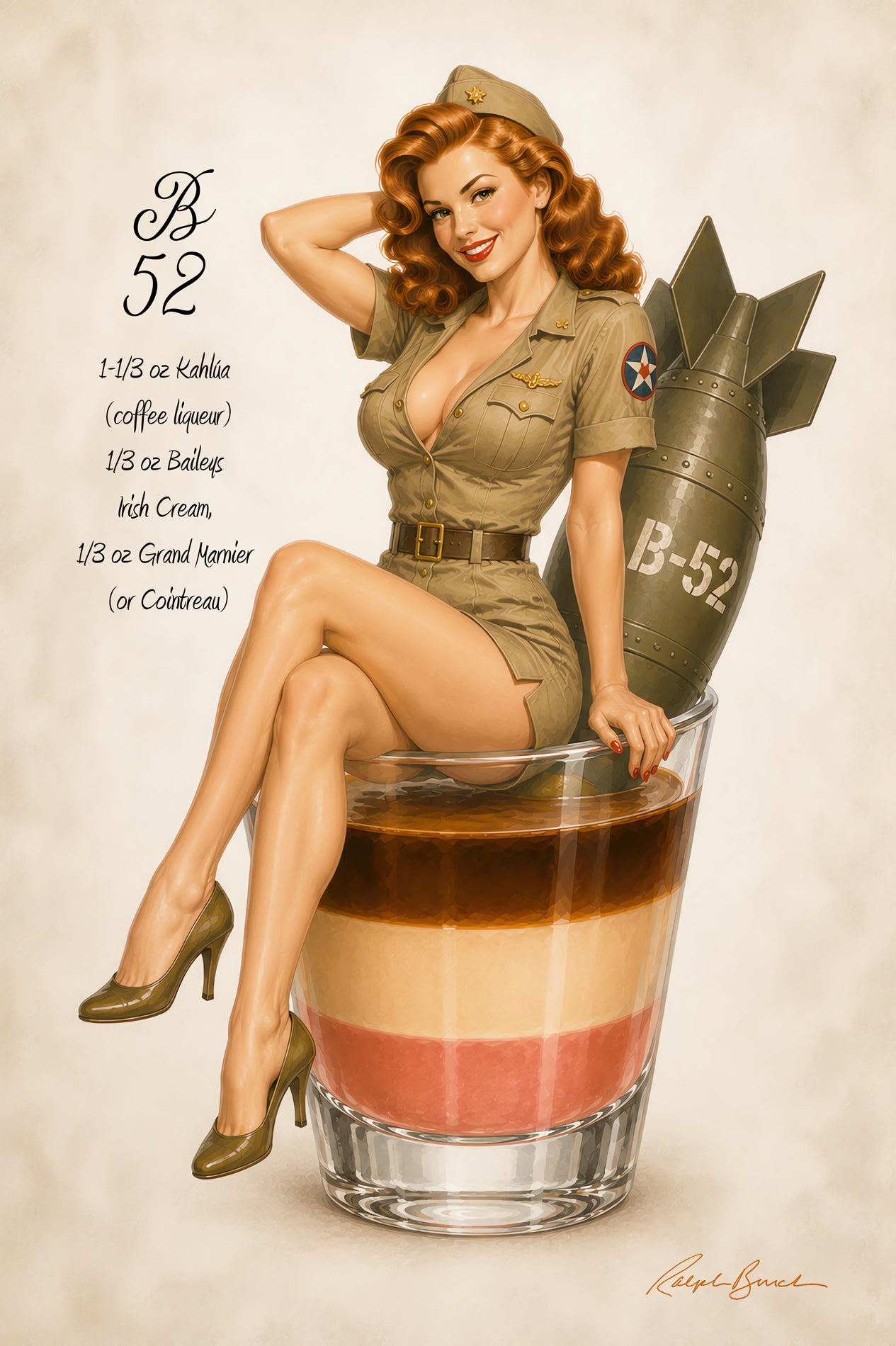 Vintage-style pin-up illustration of a woman in an olive khaki military-inspired outfit sitting in a layered drink, with a bomb graphic labeled B-52 beside her. Text on the left reads 'B-52' with coffee hour ingredients, and a signature appears at the bottom right.