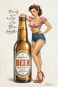 Vintage-style pin-up illustration of a woman in a red-and-white gingham top and denim shorts leaning against a large brown beer bottle with a gold cap. The bottle label reads 'Premium Beer - Ice Cold - Always Refreshing!'.