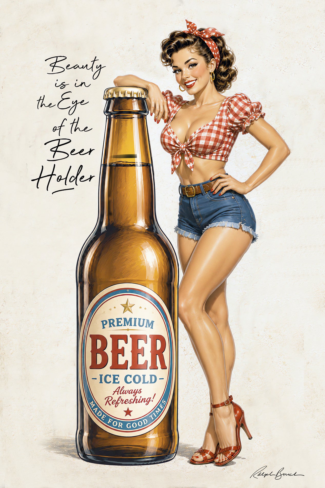 Vintage-style pin-up illustration of a woman in a red-and-white gingham top and denim shorts leaning against a large brown beer bottle with a gold cap. The bottle label reads 'Premium Beer - Ice Cold - Always Refreshing!'.