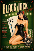 Vintage-style black and white illustrated poster for Blackjack Casino, showing a pin-up woman in a black dress kneeling beside large Jack and Ace of spades cards, stacks of poker chips, and bold promotional text on a green background.